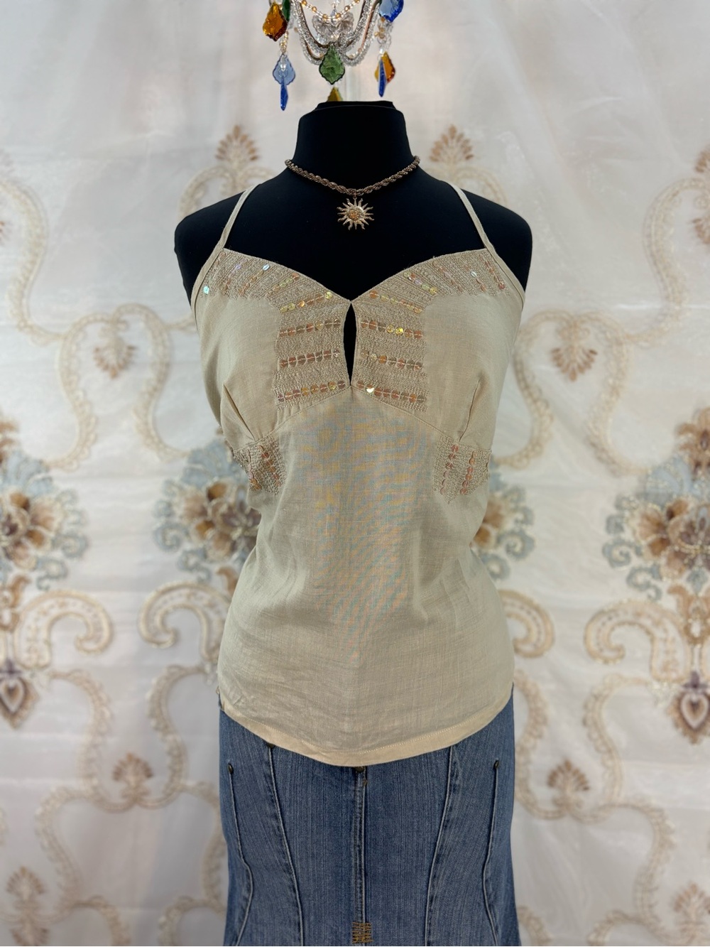 ✨Vintage Y2K Bohemian Beige Linen Sequins Racerback Tank Top✨ - Picture 3 of 9